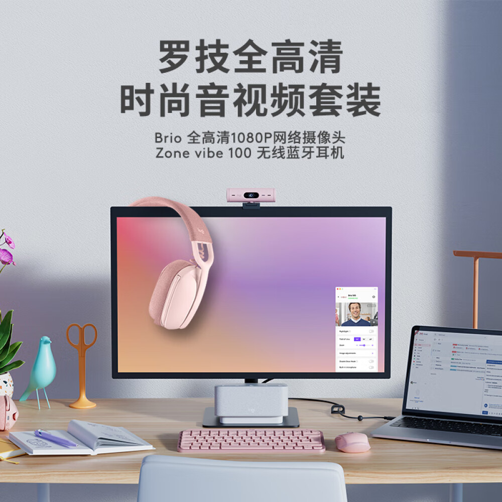 罗技（Logitech） 全高清时尚音视频套装 粉色 （Brio 500高清摄像头 + Zone vibe 100无线蓝牙耳机）